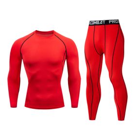 Fitness suit men's gym sports tights long-sleeved trousers quick-drying clothes basketball training equipment winter (Color: Red, size: L)