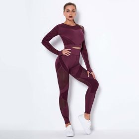 Seamless Knitted Absorbent Yoga Long-Sleeved Suit Yoga Wearsuit (Color: Wine Red)