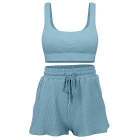 Loose Short Sleeve Gym Yoga Suit (Color: Blue)